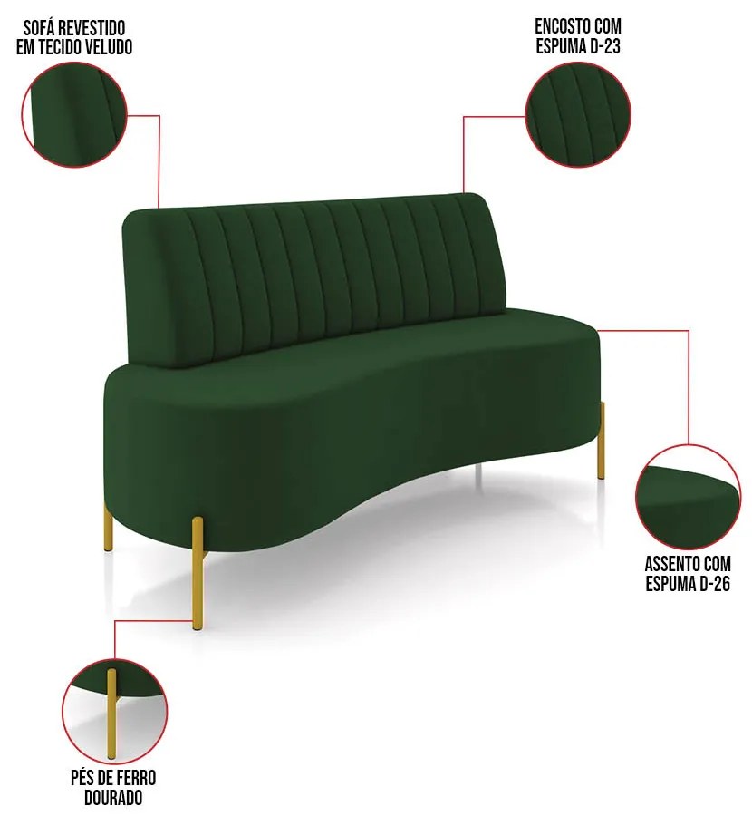 Sofá 2 Lugares Living 160cm Pé Ferro Dourado Maraú Veludo Verde K01 - D'Rossi