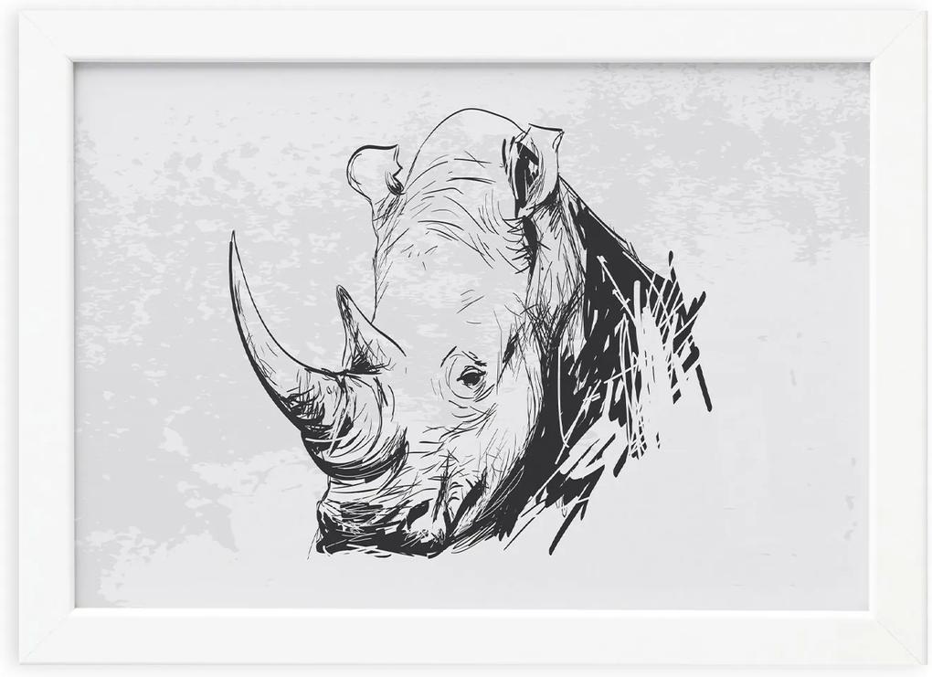 Quadro para Sala Safari Rinoceronte Moldura Branca 33x43cm