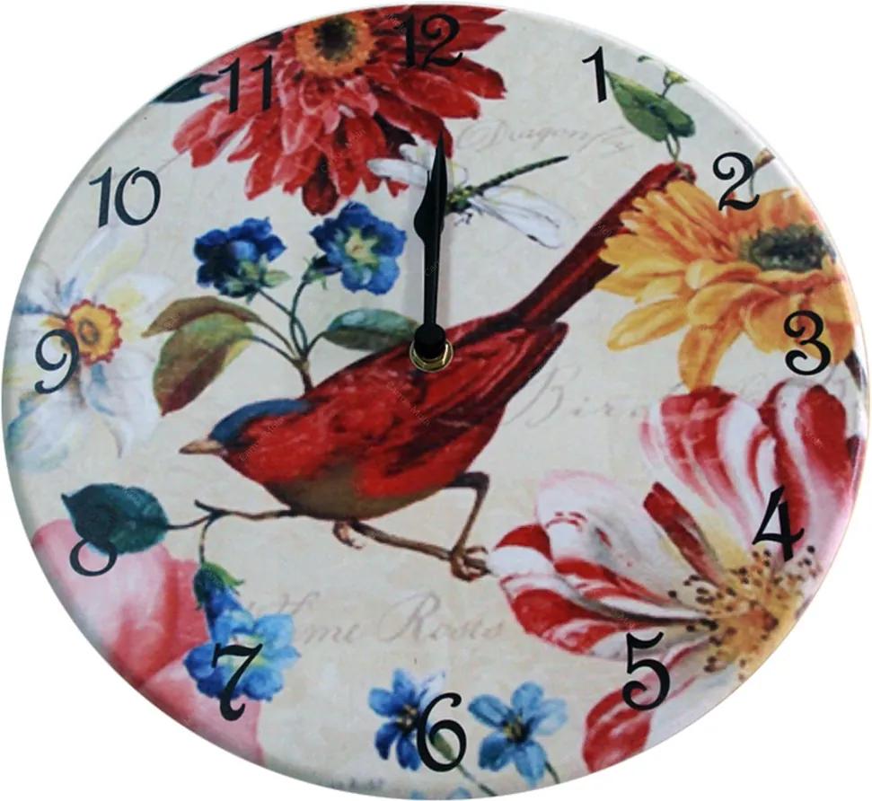 Relógio de Parede Pássaro e Flores Coloridas em Madeira MDF - 28 cm