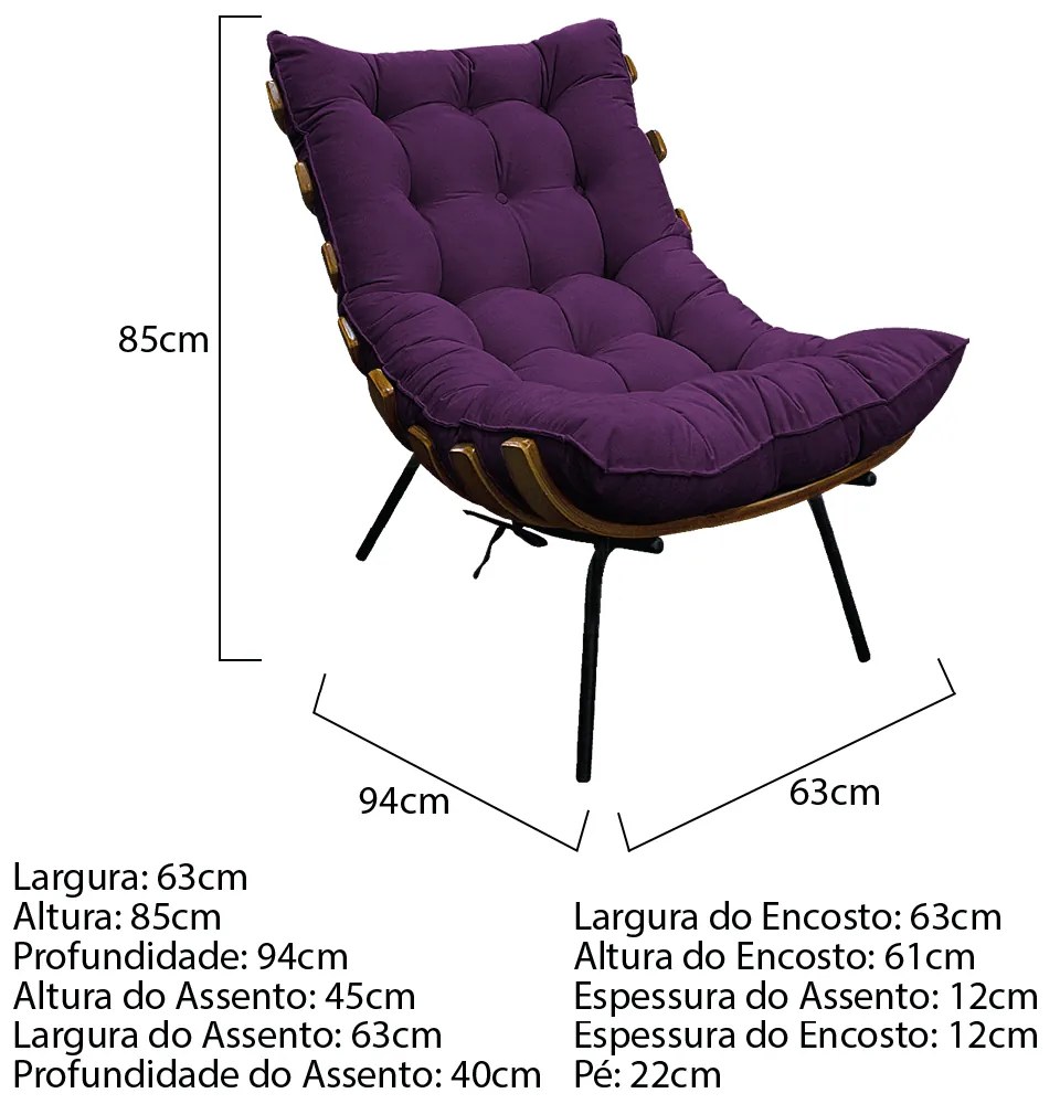 Kit 02 Poltronas e Puff Costela Base Fixa Suede Roxo - ADJ Decor