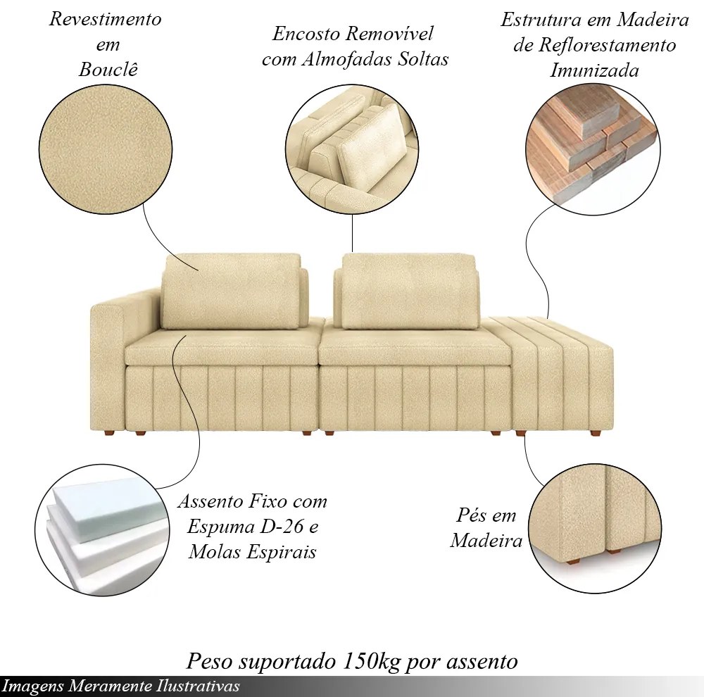 Sofá Ilha com Encosto e Almofadas Móveis Olimpo 245cm Modulado Bouclê Bege G45 - Gran Belo