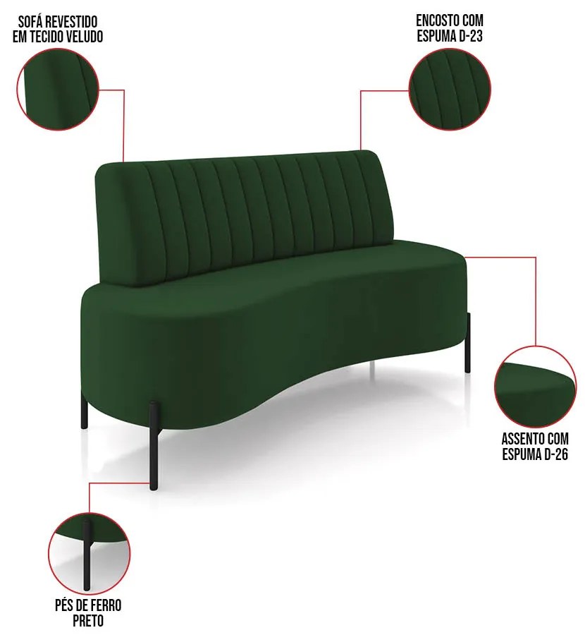 Sofá 2 Lugares Living 160cm Pé Ferro Pto Maraú Veludo Verde K01 - D'Rossi