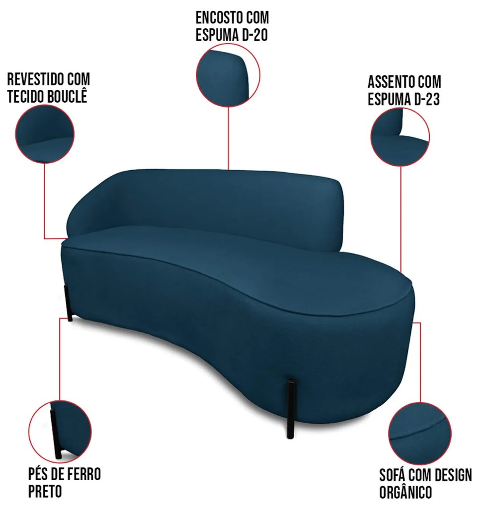 Sofá 2 Lugares Orgânico 140cm Pé Ferro Pto Morgan Bouclê Azul L01 - D'Rossi