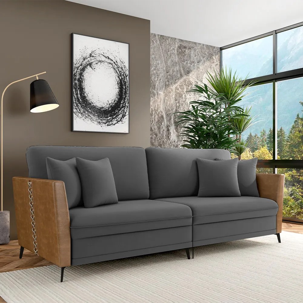 Sofá Living Decorativo Zagreb 2 Lugares 182cm com Almofadas Pés de Ferro Veludo/PU Grafite/Caramelo G33 - Gran Belo