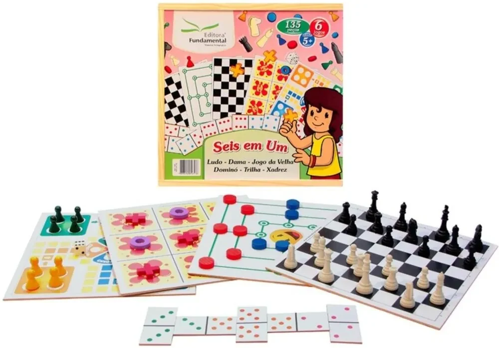 Kit 5 Jogos ( Dama E Trilha + Xadrez + Ludo + Cubo + Domino)