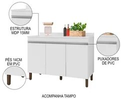 Balcão Gabinete Para Pia 120cm Com Tampo 3 Portas Karen P14 Branco - M