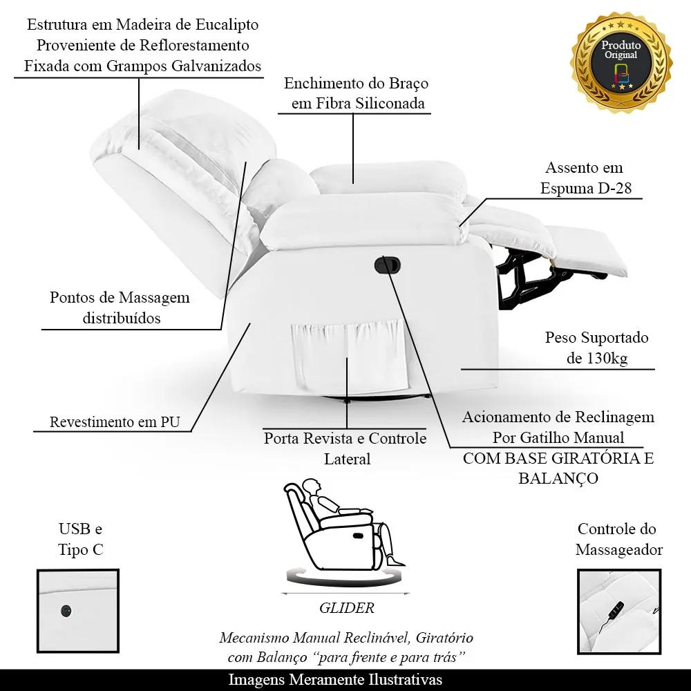 Poltrona do Papai Reclinável Sala de Cinema Madrid Glider Manual Giratória Massagem USB PU Branco  G23