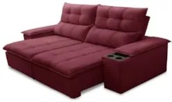 Sofá Retrátil 3 Lugares com Porta Copo 210cm Malta F05 Veludo Bordô -