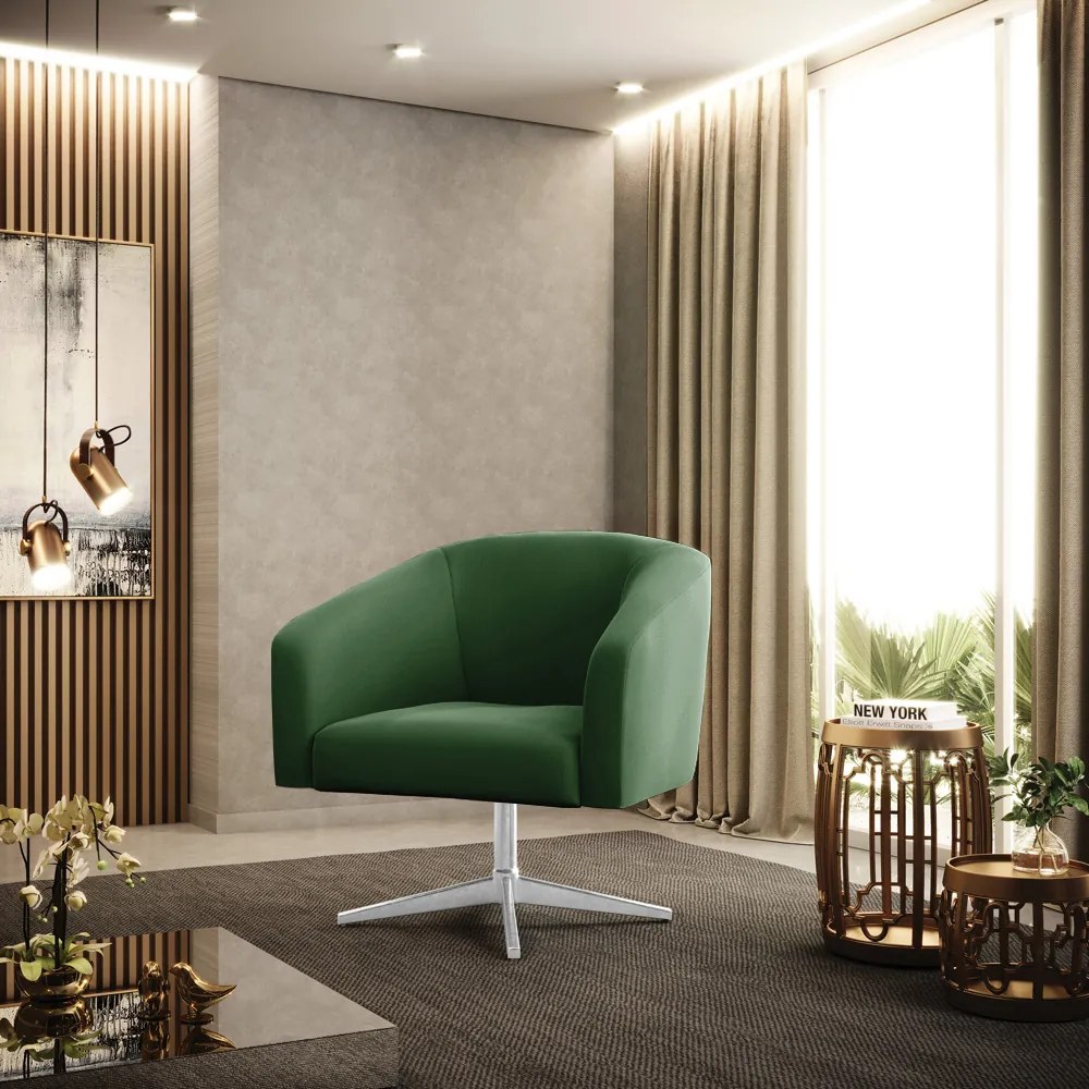 Poltrona Decorativa Giratória Cromada Kit 2 Stella Suede Verde D03 - D'Rossi