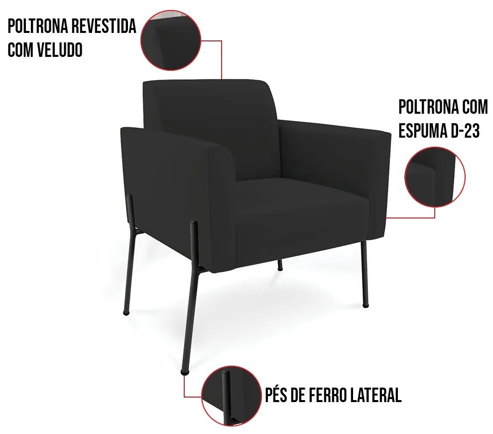 Poltrona Pé de Ferro Preto para Sala Kit 2 Marisa Veludo D03 - D'Rossi - Preto