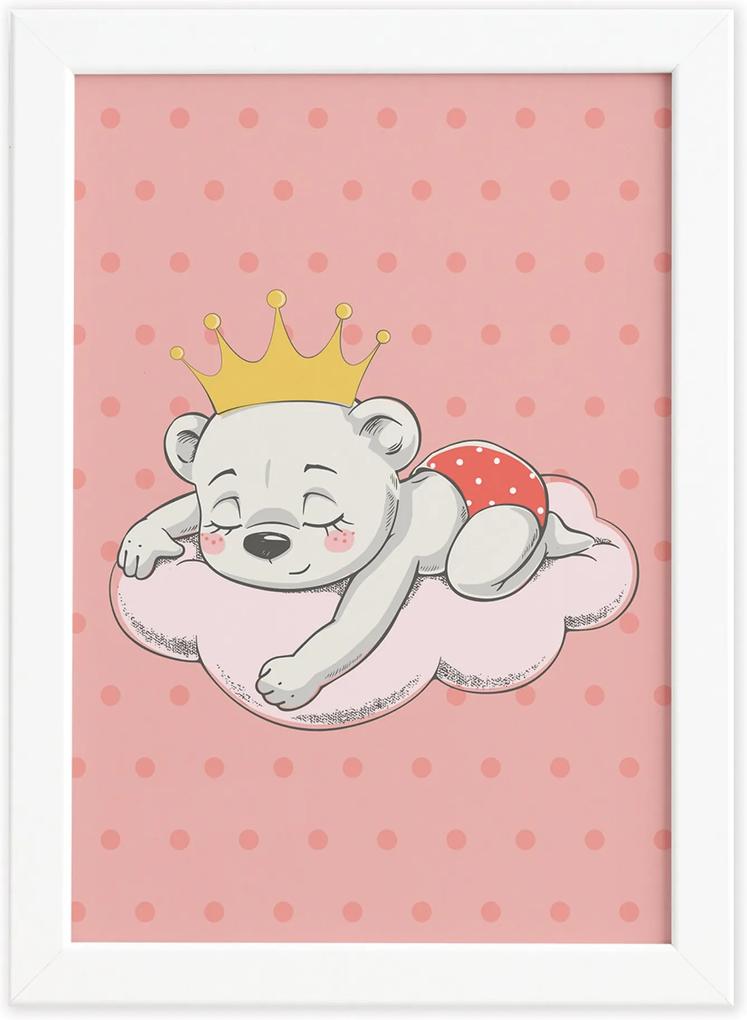 Quadro Decorativo Quarto Bebê Ursinha Princesa Nuvem 33x43cm Moldura Branca