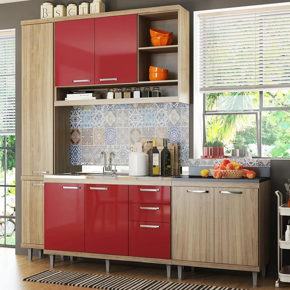 Cozinha Compacta 8 Portas para Pia Com Balcão 5812 Vermelho/Argila - Multimóveis