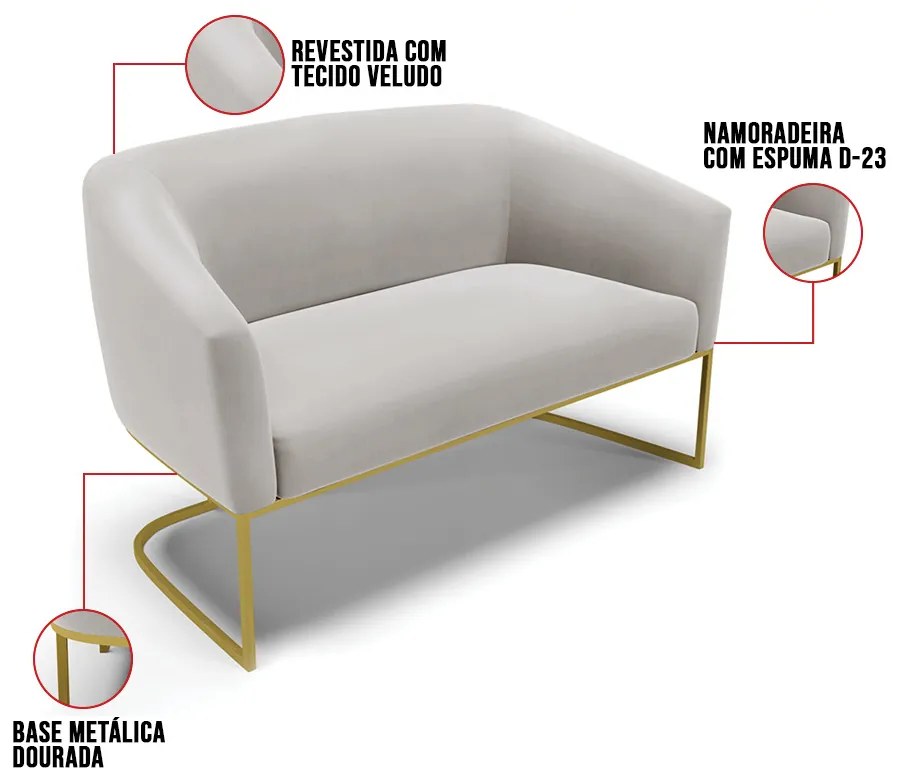 Sofá 2 Lugares Namoradeira Industrial Dourado Stella Veludo D03 - D'Rossi - Cinza