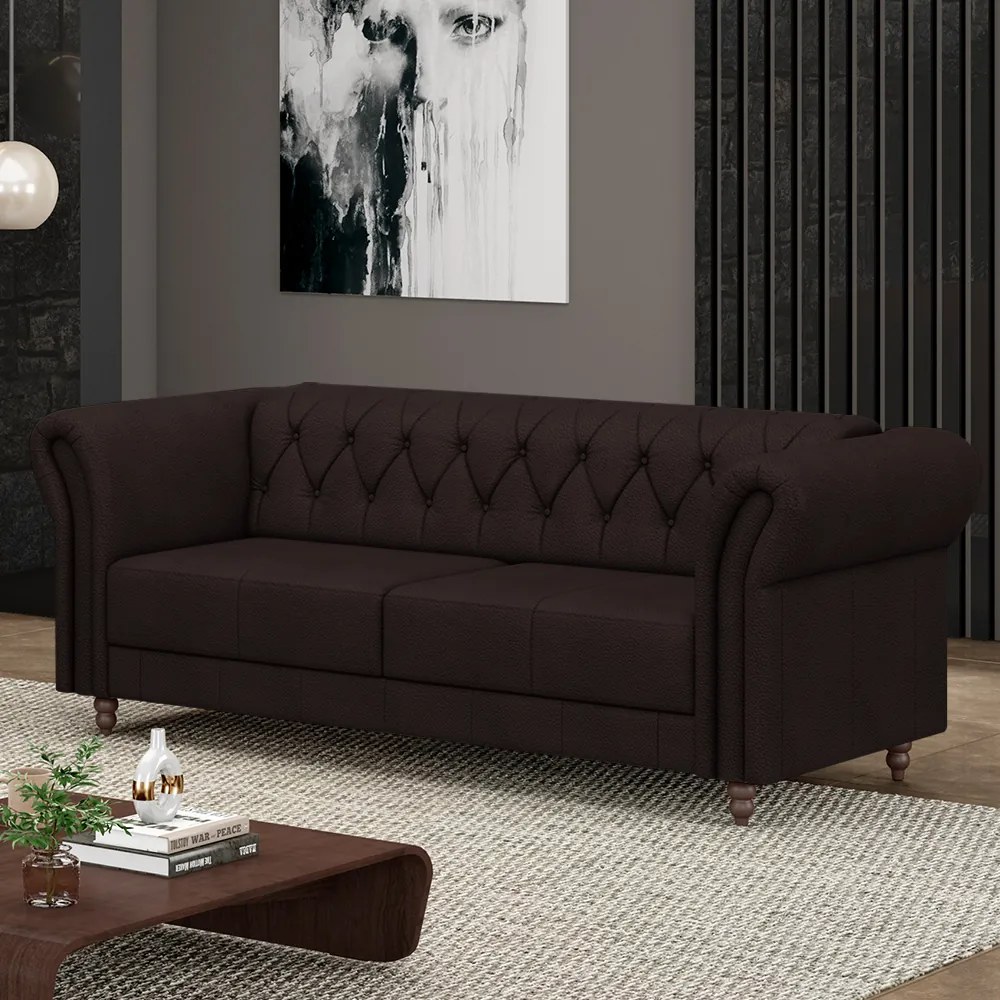 Sofá Living Sala de Estar Stanford Chesterfield 2 Lugares 180cm Pés de Madeira Couro Marrom G58 - Gran Belo