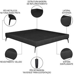 Cama Casal 145cm Pés Metálicos Elisa S05 Veludo Preto - Mpozenato