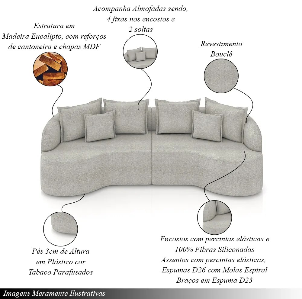 Sofá Living Decorativo Salinas 4 ou mais Lugares com Almofadas 290cm Modulado Bouclê Cinza G33 - Gran Belo