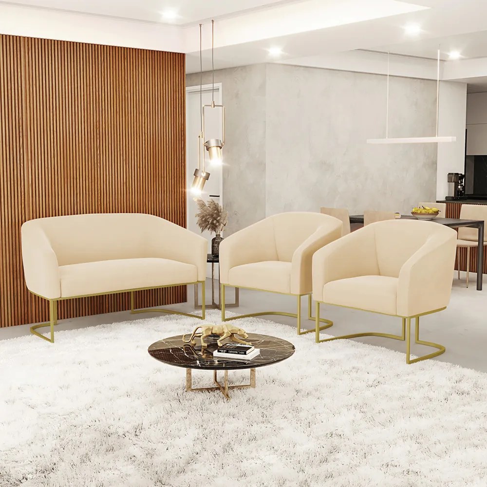 Namoradeira e 2 Poltronas Industrial Dourado Stella Suede Bege D03 - D'Rossi