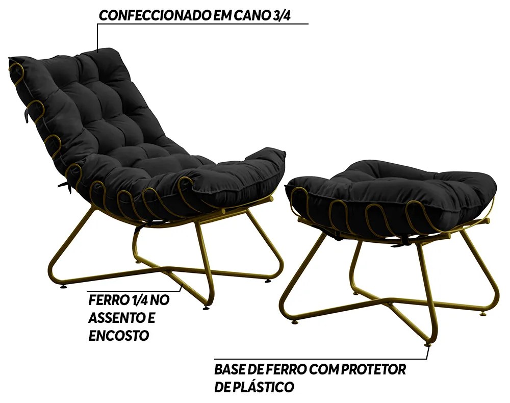 Conjunto Decorativo Poltrona e Puff Caim Base de Ferro Dourado Suede Preto G41 - Gran Belo