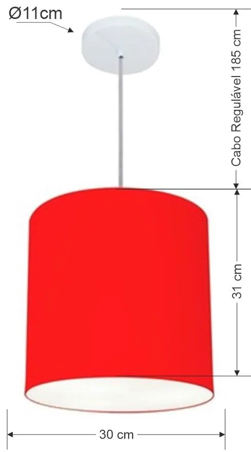 Lustre Pendente Cilíndrico Vivare Md-4036 Cúpula em Tecido 30x31cm - Bivolt - Vermelho - 110V/220V