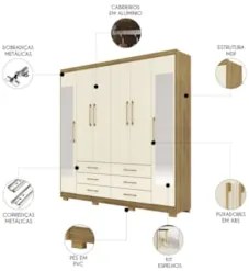 Guarda Roupa Casal 223cm Com Espelho Canadá Nature/Champanhe - Vila Ri