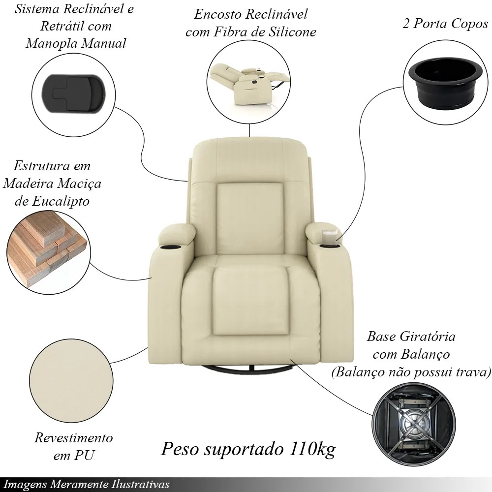 Poltrona do Papai Reclinável Giratória e Balanço Sala de Cinema Crihs Manual Glider PU Bege G23 - Gran Belo