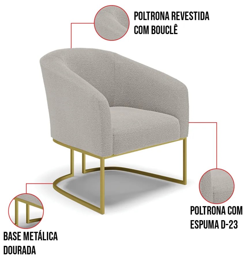 Poltrona Decorativa Industrial Dourado kit 2 Stella Bouclê Cinza D03 - D'Rossi