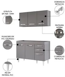 Armário Aéreo Honduras e Balcão Gabinete sem Tampo 120cm Suécia Cinza