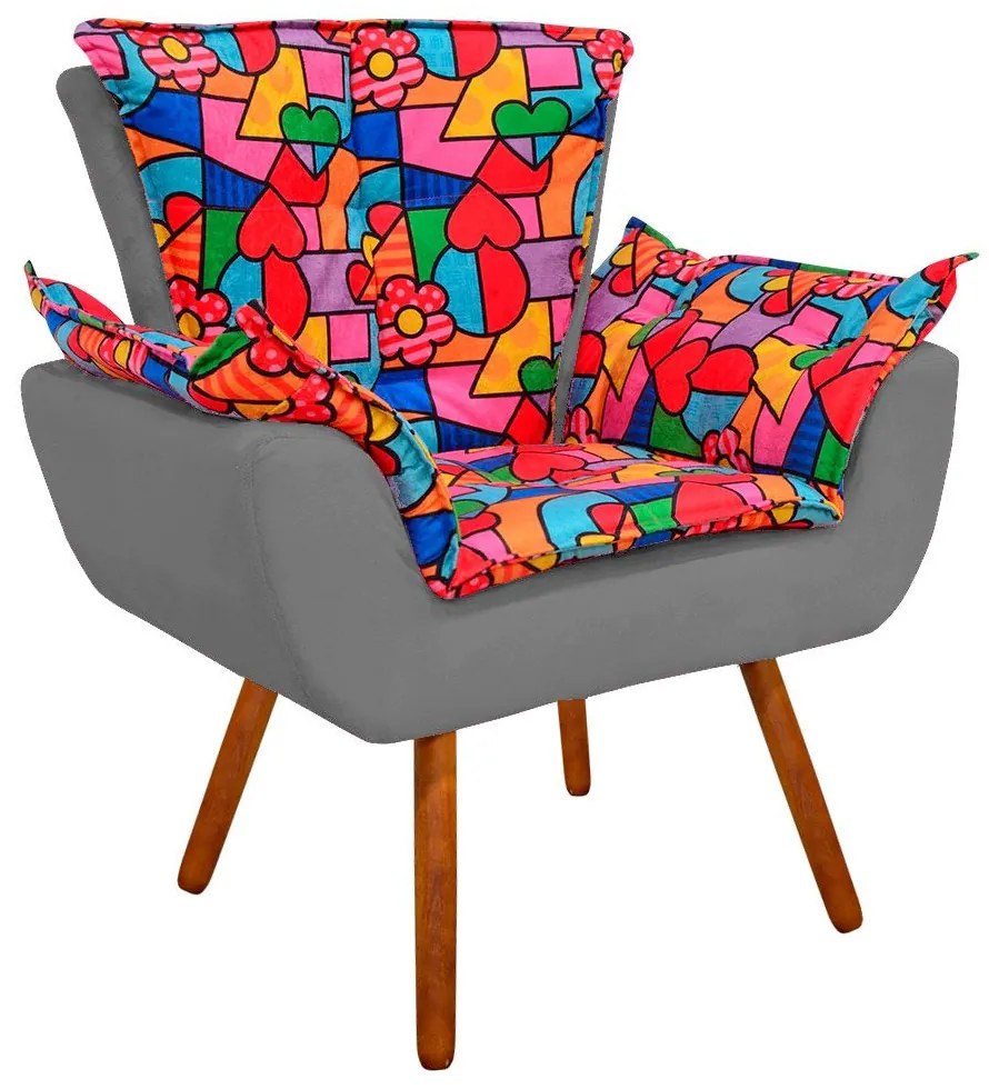 Poltrona Opala Romero Britto D15 e Suede Grafite Pés Palito Castanho D'Rossi