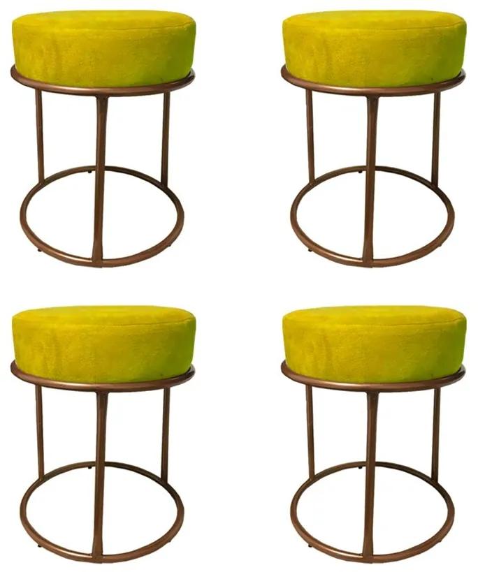 Kit 4 Puffs Decorativos Redondos Luxe Base de Aço Cobre Suede Amarelo - Sheep Estofados - Amarelo
