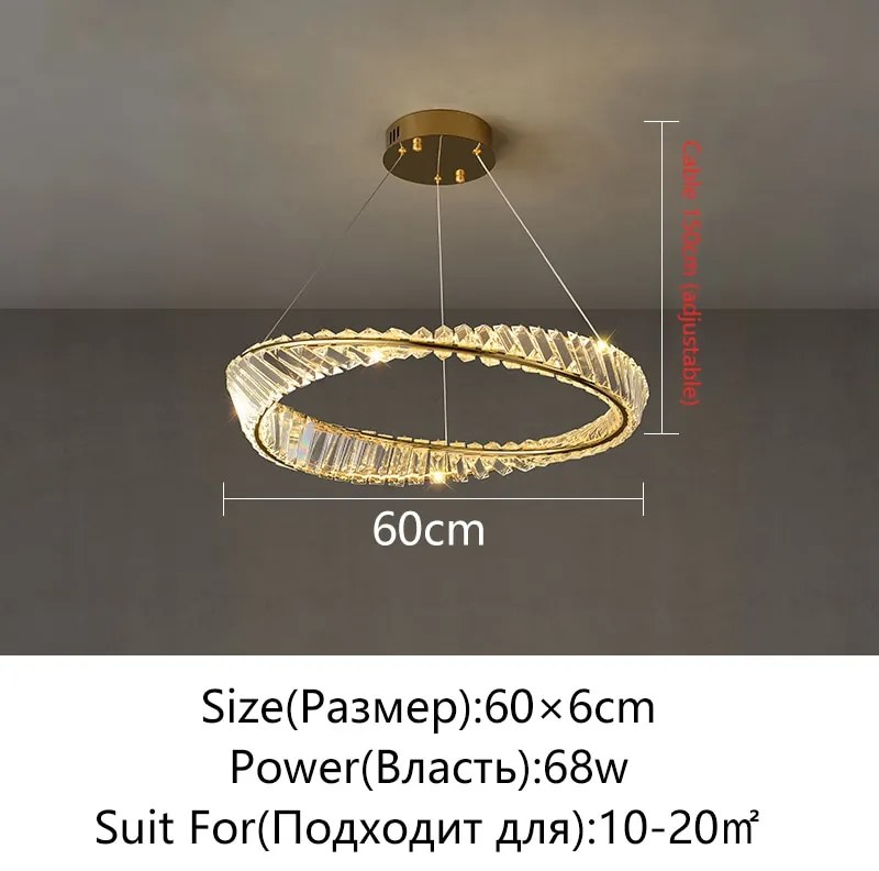 Lustre Pendente Cristal moderno led lustre de controle remoto pingente lâmpada para sala estar jantar cozinha quarto design ouro pendurado luz - 1 Ring D*60cm - Branco fria
