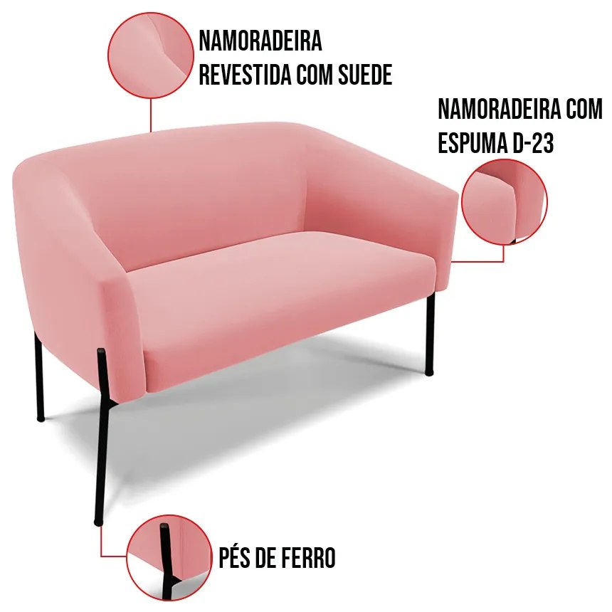 Sofá 2 Lugares Namoradeira Pé de Ferro Preto Stella Suede D03 - D'Rossi - Rose