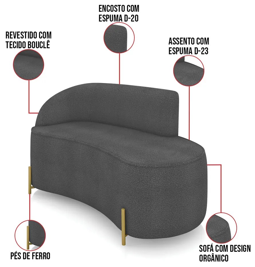 Sofá 2 Lugares Orgânico 140cm Pé Dourado Morgan Bouclê D03 - D'Rossi - Grafite