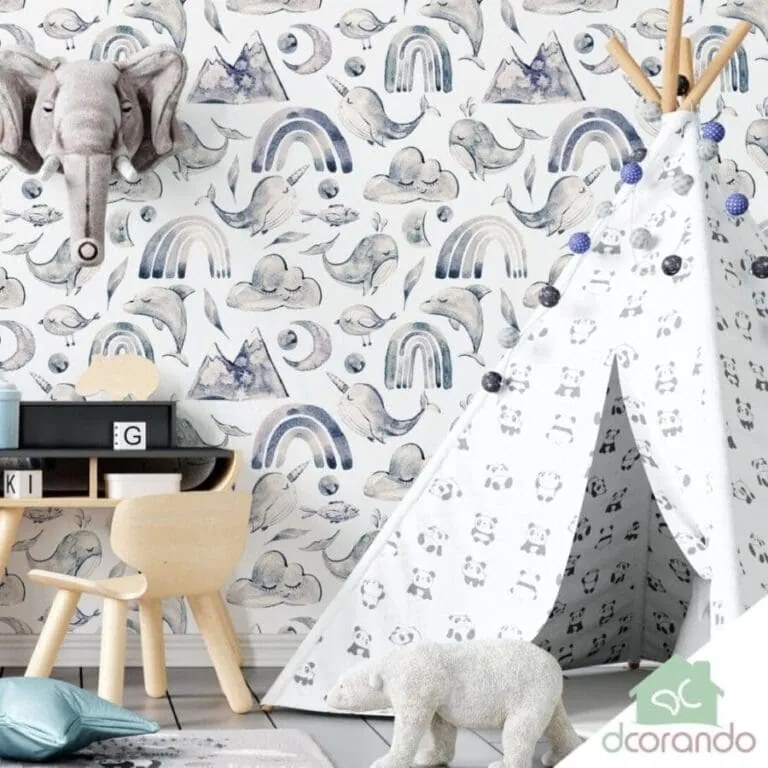 Papel Infantil Boho Autocolante Animais Natureza Branco Com Azul