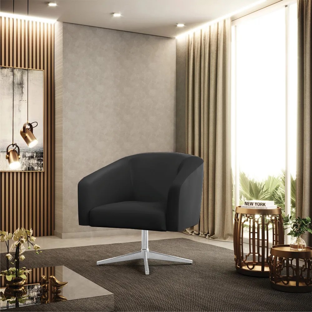 Poltrona Decorativa Giratória Cromada Stella Sintético D03 - D'Rossi - Preto