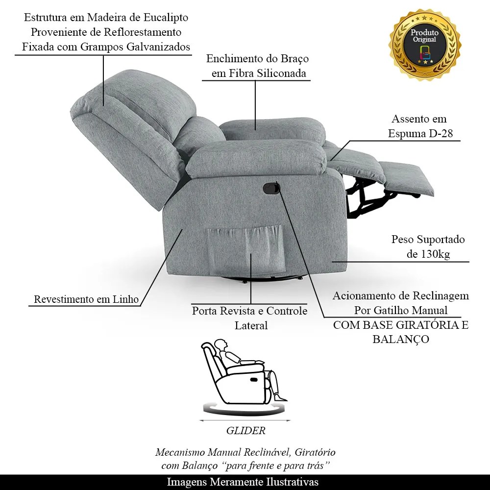 Poltrona do Papai Reclinável Melim Glider Giratória Linho Cinza FH1 - D'Rossi