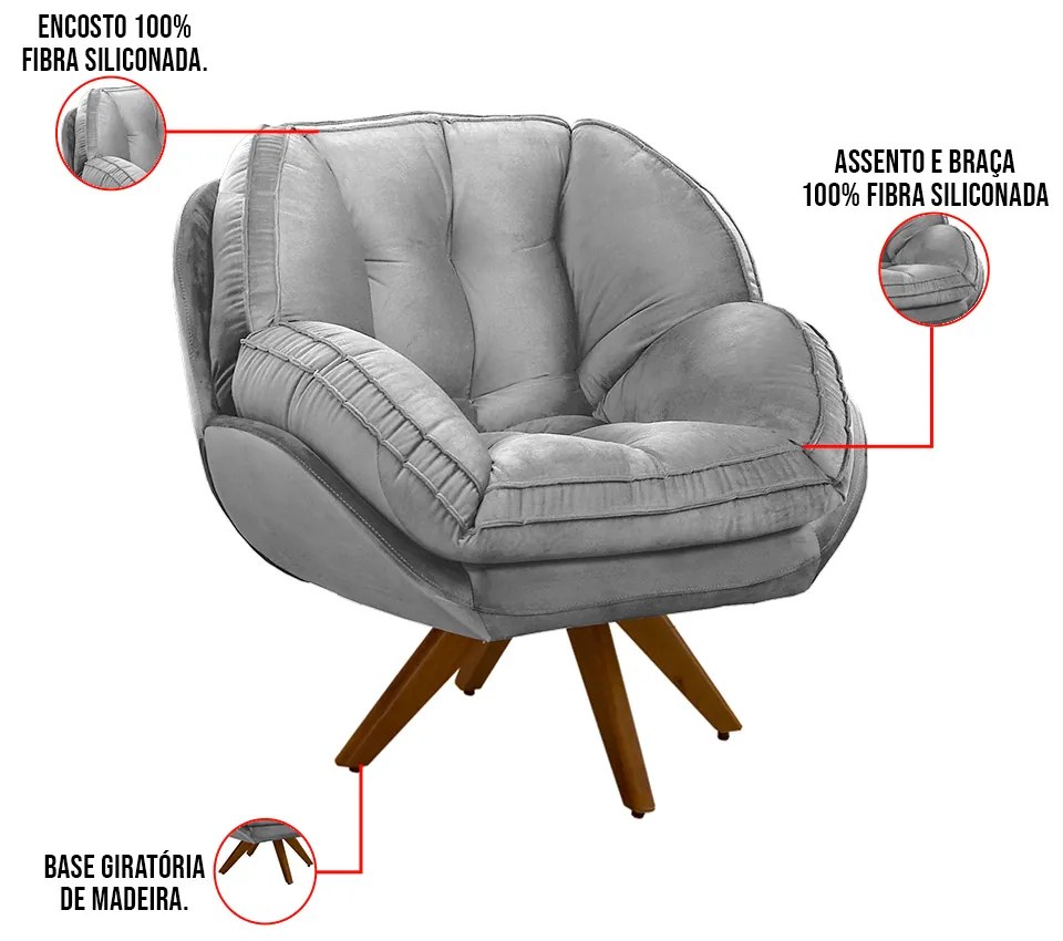 Poltrona Giratória Luisiana Veludo Cinza Base de Madeira - D'Rossi