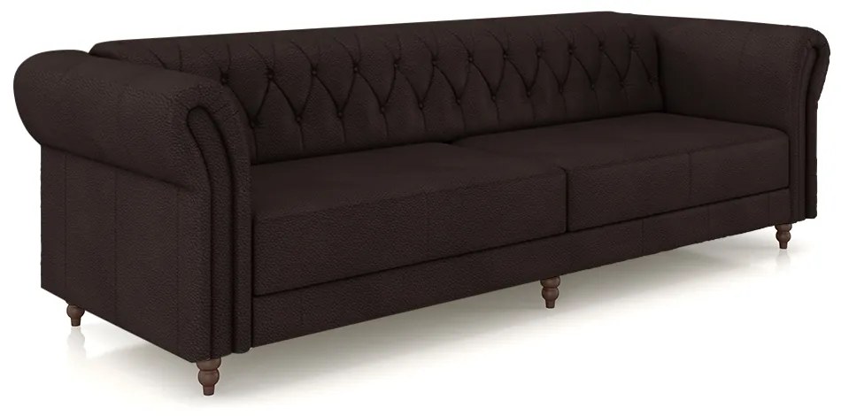 Sofá Living Sala de Estar Stanford Chesterfield 3 Lugares 260cm Pés de Madeira Couro Marrom G58 - Gran Belo