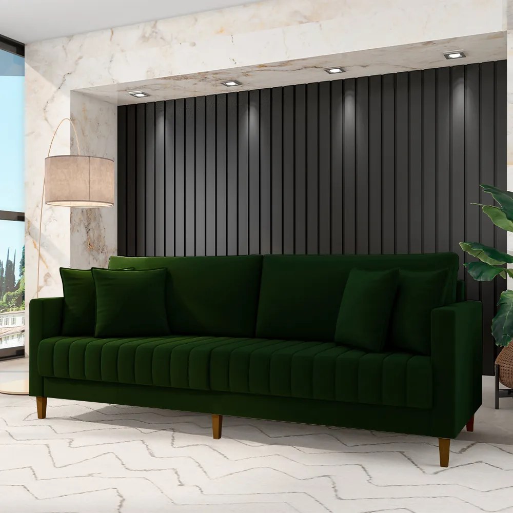 Sofá Living Decorativo Hamburgo 2 Lugares 196cm com Almofadas Pés em Madeira Veludo Verde G33 - Gran Belo