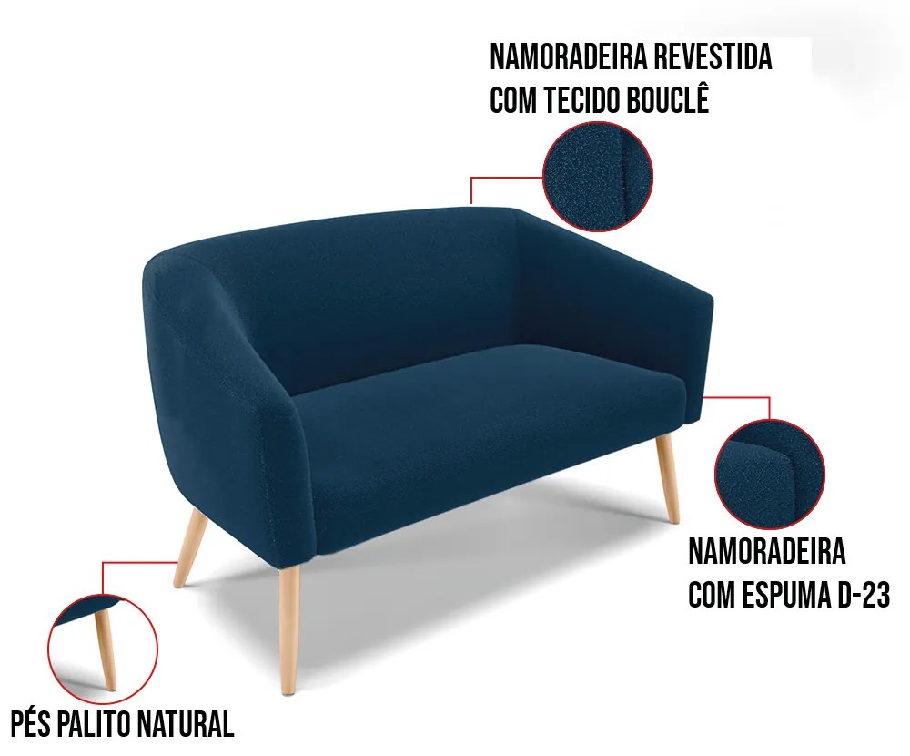 Namoradeira e 2 Poltronas Pé Palito Natural Stella Bouclê Azul D03 - D'Rossi