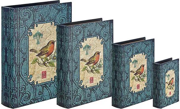 Conjunto com 4 Caixas Livro Azul Arabesco com Pássaro