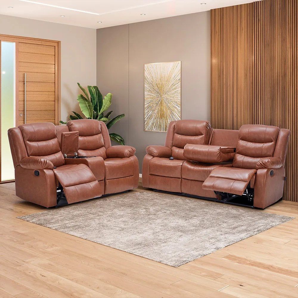 Conjunto Poltronas 2 e 3 Lugares Reclinável Manual Hollywood Aquecimento Massagem PU Caramelo G94 - Gran Belo