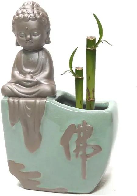 Vaso em Cerâmica com Buda Baby Meditando e Bambu da Sorte