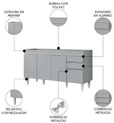 Balcão de Cozinha com Pia Inox 150cm 4 Portas Marrocos Cinza Claro - L