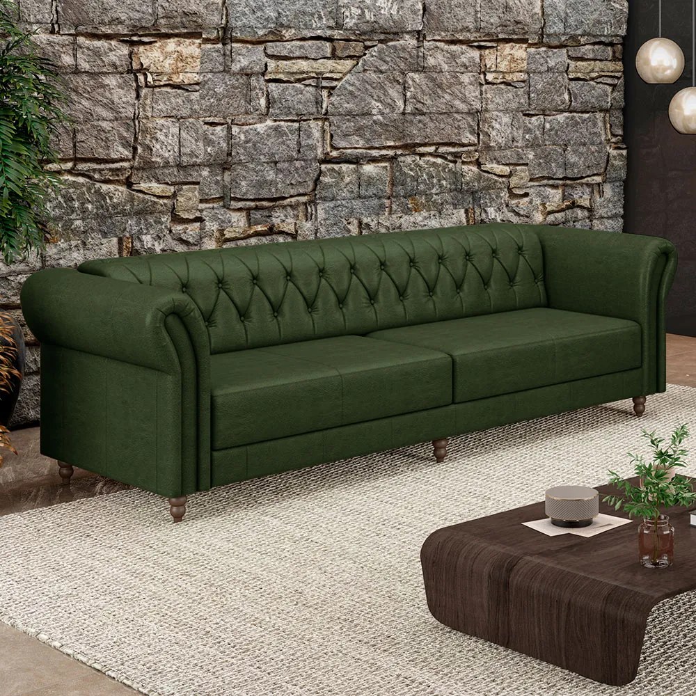 Sofá Living Sala de Estar Stanford Chesterfield 3 Lugares 240cm Pés de Madeira Couro Verde Manchado G58 - Gran Belo