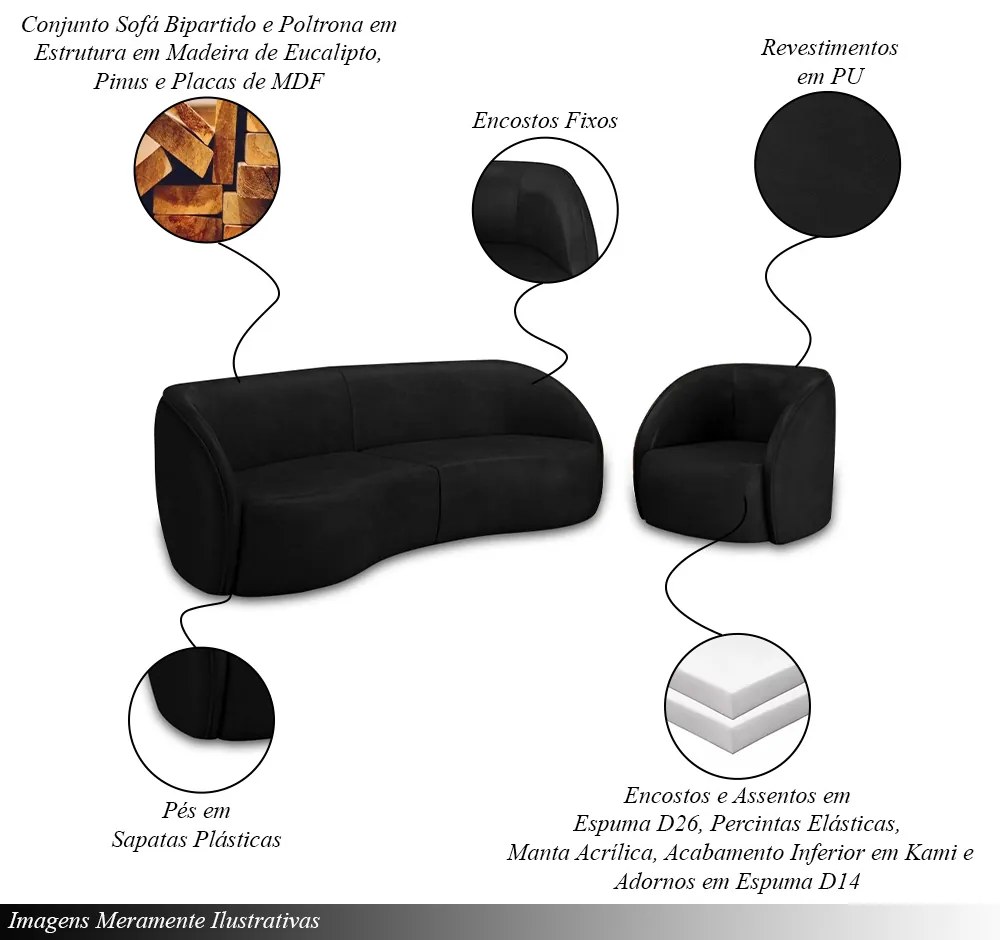 Conjunto Sofá Sala de Estar Bipartido 318cm e 2 Poltronas Clarke PU Preto Manchado G45 - Gran Belo