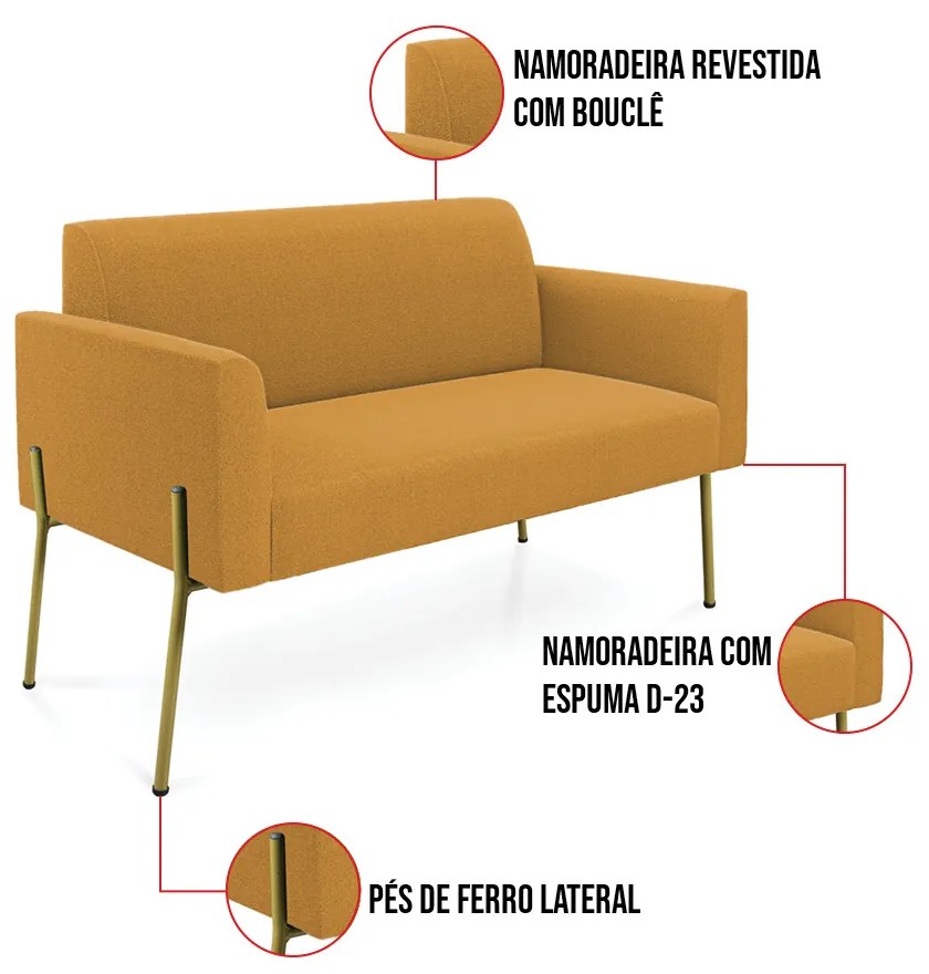 Namoradeira e 2 Poltronas Pé Ferro Dourado Marisa Bouclê Mostarda D03 - D'Rossi