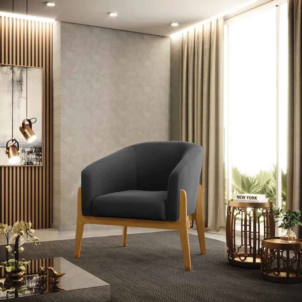 Poltrona Decorativa Base de Madeira kit 2 Stella Suede D03 - D'Rossi - Preto