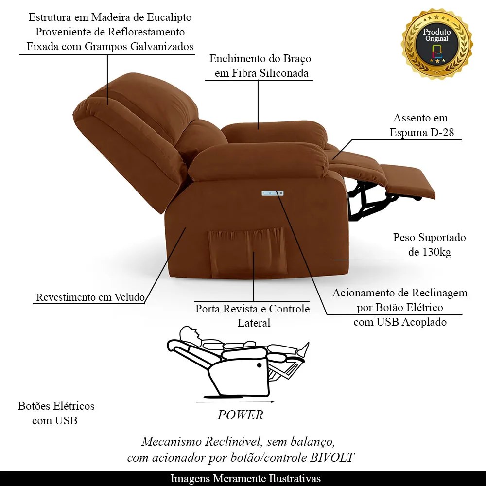 Poltrona do Papai Reclinável Sala de Cinema Madrid Elétrica Touch USB Veludo Terracota  G23