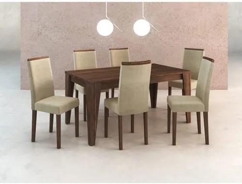 Sala de Jantar com 6 Cadeiras Estofadas Suede - Vanila/Nogal