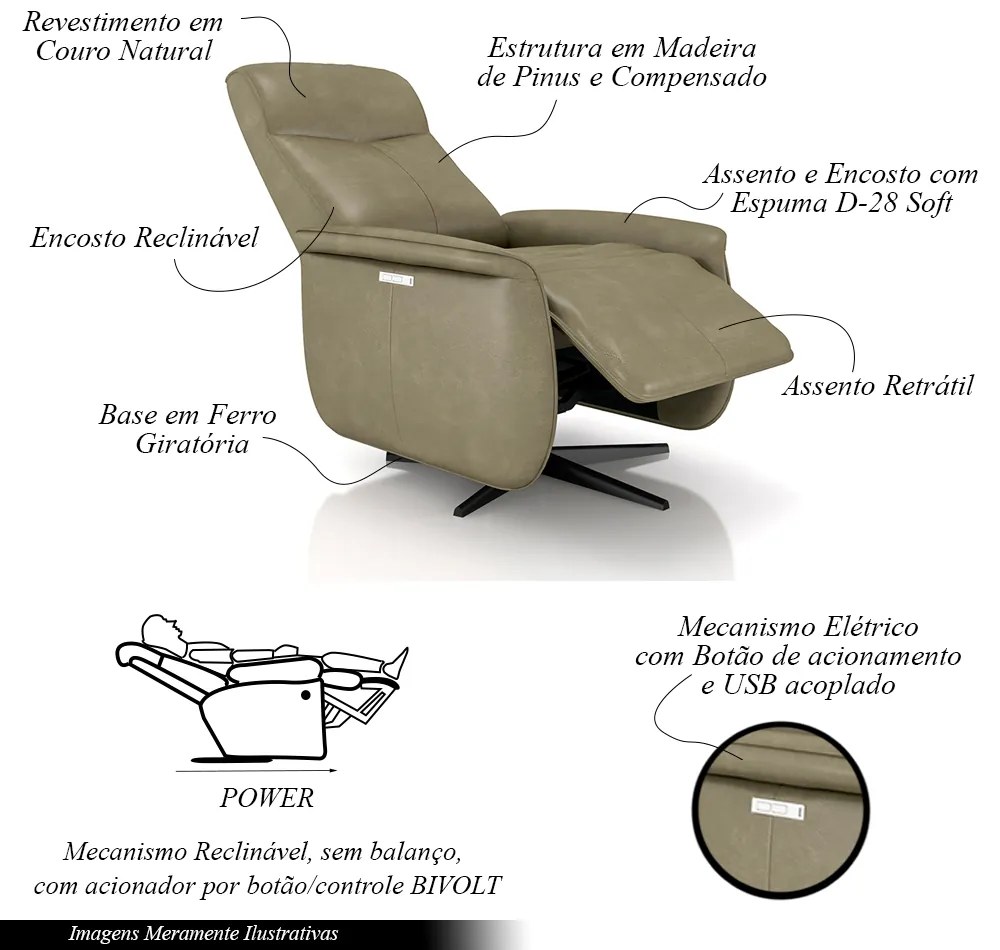 Poltrona do Papai Reclinável Power Elétrica Anakin Base Estrela Giratória USB Couro Capuccino G76 - Gran Belo